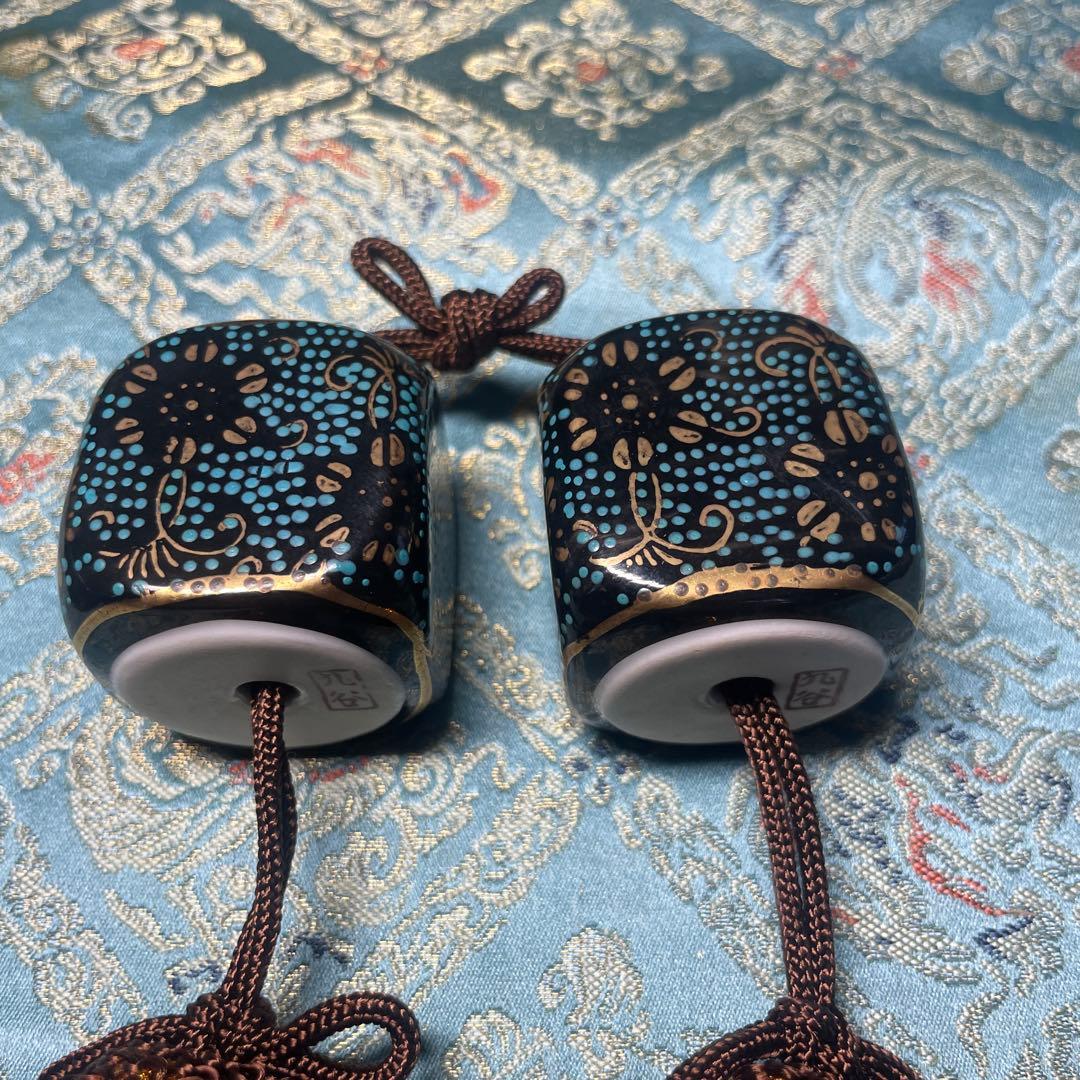 名作　九谷焼　菊仙造　床間揃　青花柄漆器香合他