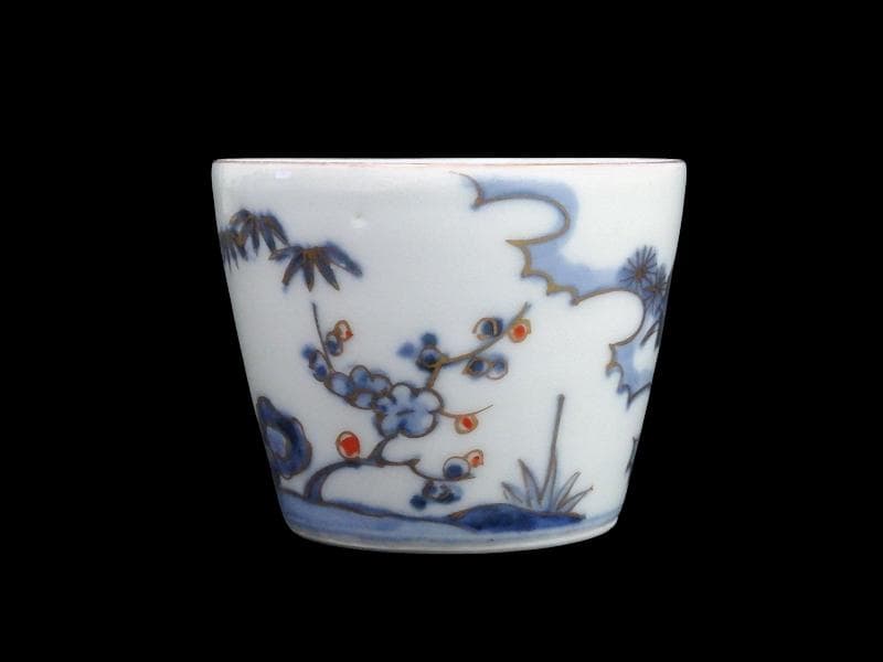 古伊万里　染錦　太湖石に松竹梅の図　蕎麦猪口　C177 AS-CXk