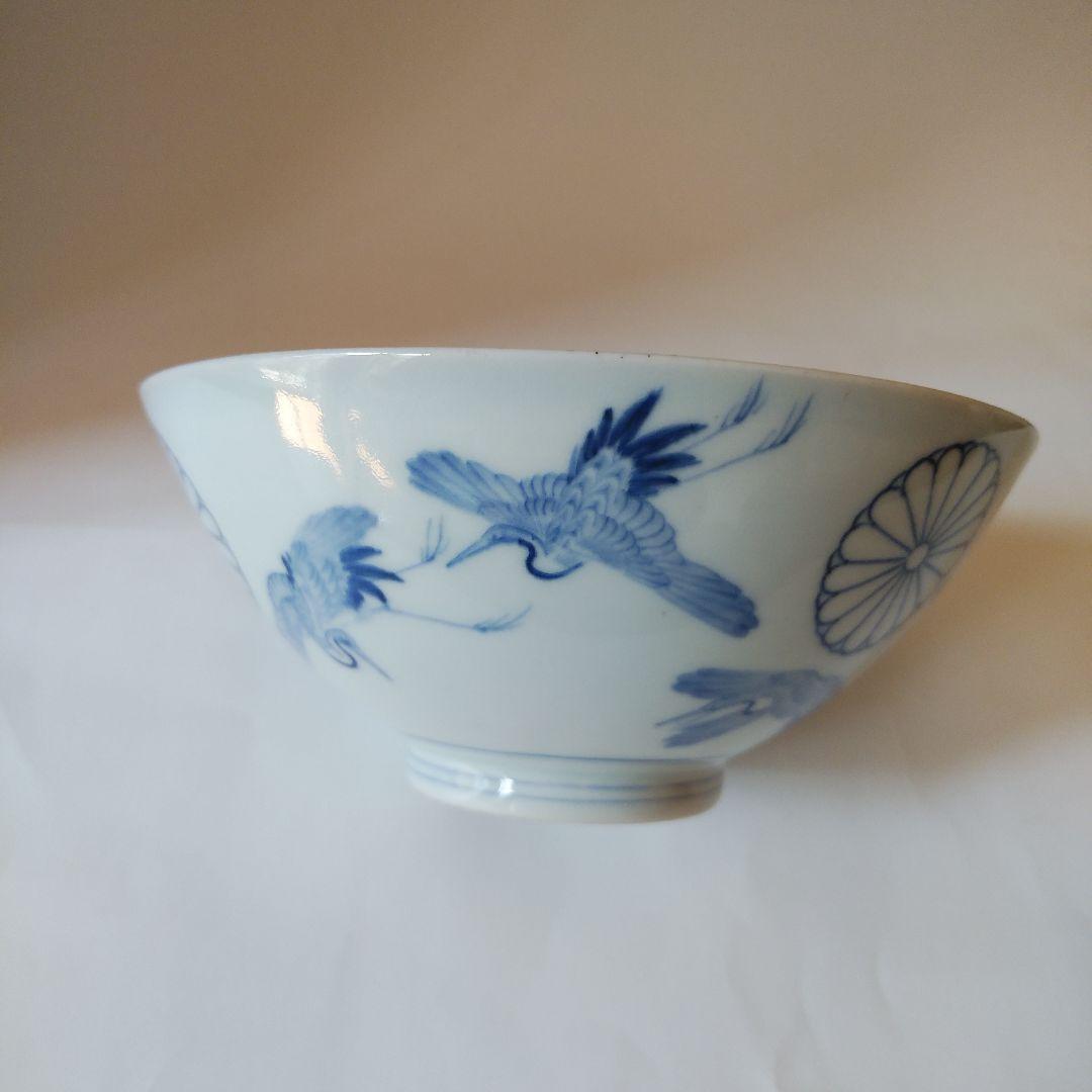 希少品 古伊万里 染付 十六弁菊花群鶴文碗 伊万里焼 天皇家 禁裏御用品