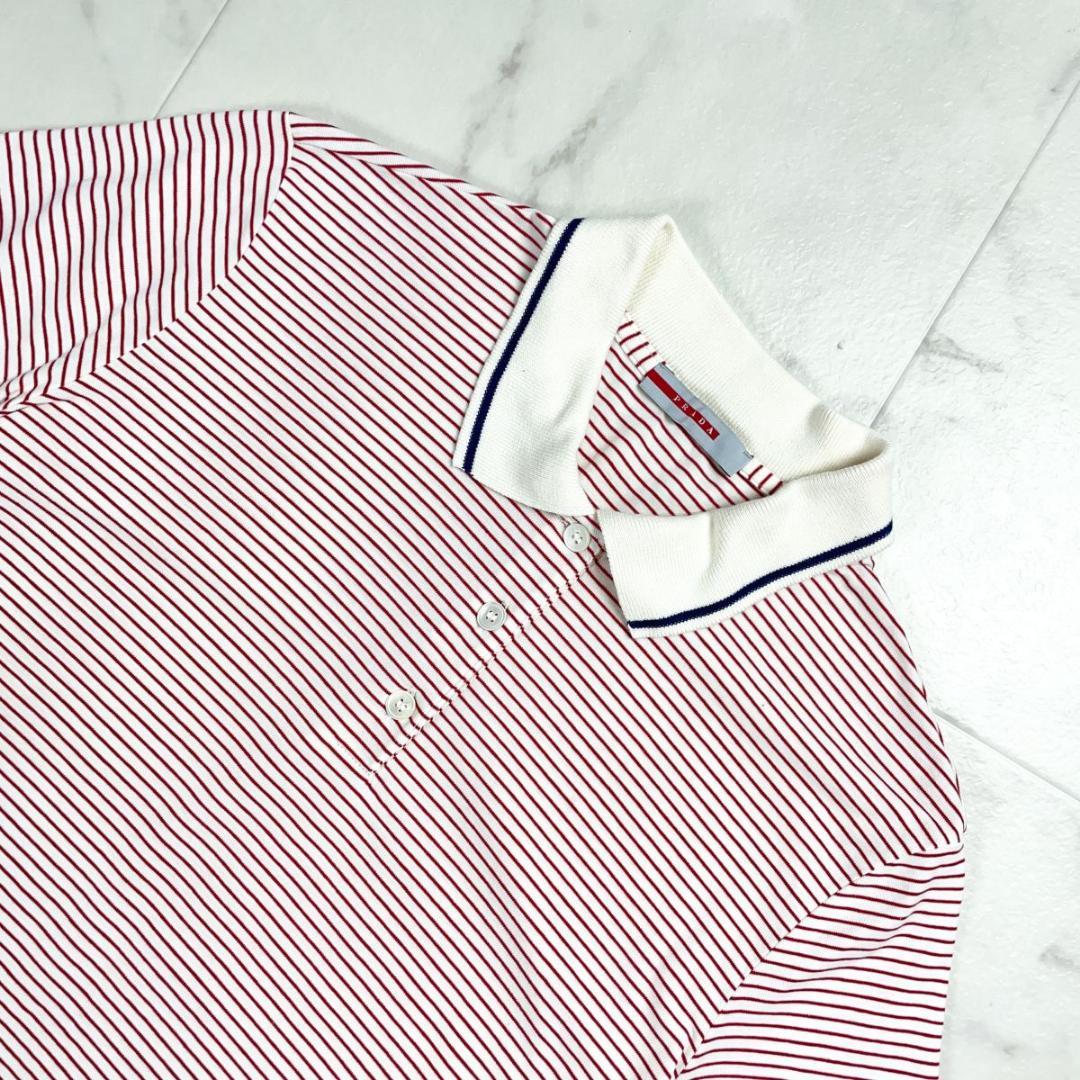 美品 PRADA ボーダー半袖ポロシャツ レッド サイズL*ED203