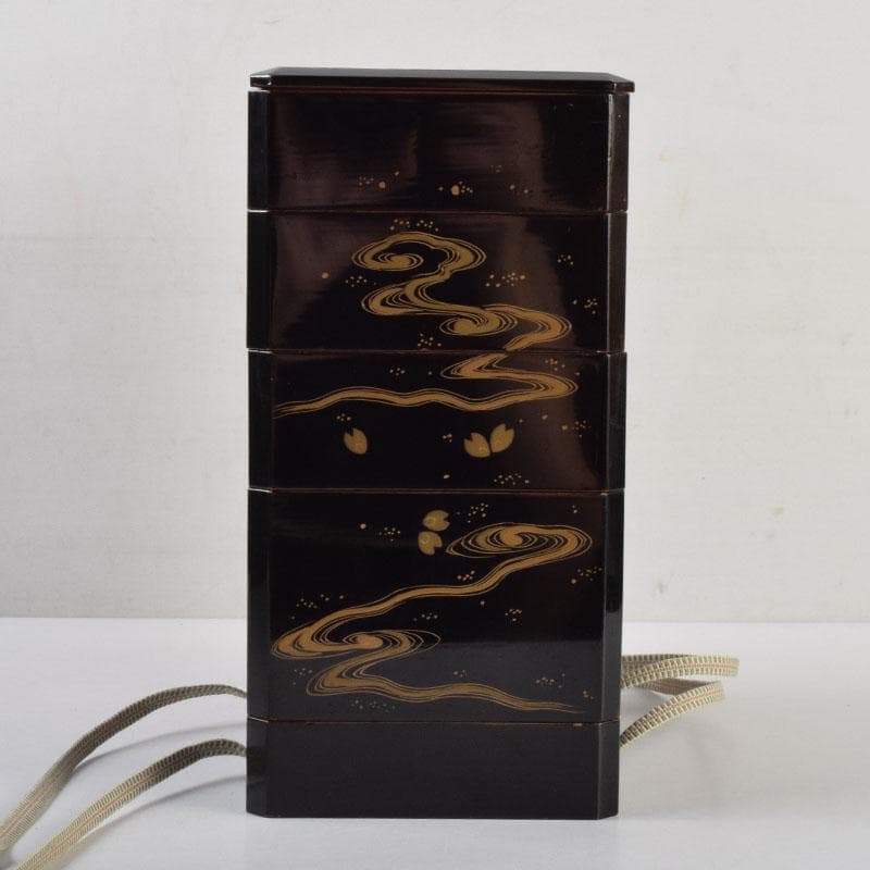 茶道具　黒漆　花草蒔絵　五段重箱　共箱　C　9121