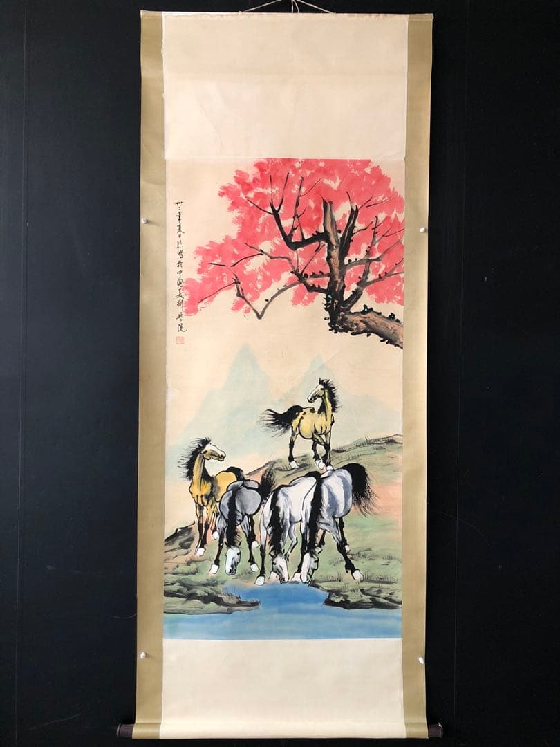 徐悲鸿 馬図 掛け軸 四尺 手描き 中国美術 絵画 書画 馬 人物画 インテリア