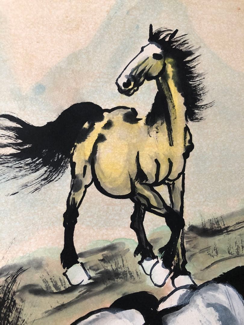 徐悲鸿 馬図 掛け軸 四尺 手描き 中国美術 絵画 書画 馬 人物画 インテリア