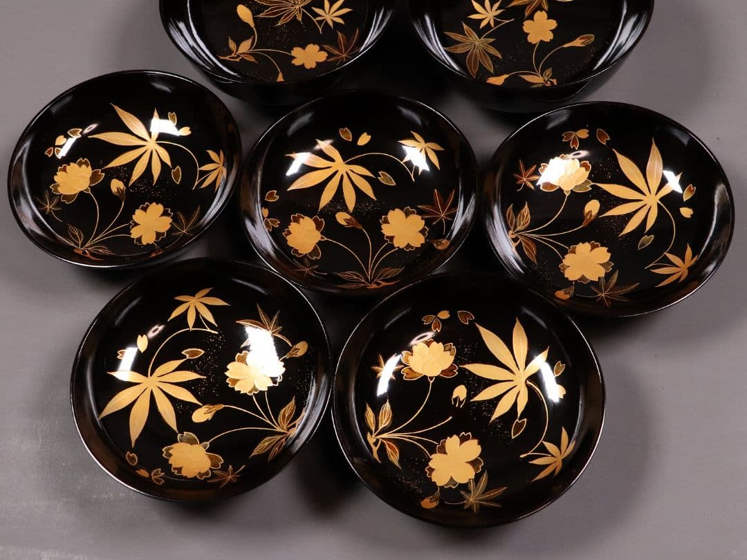 時代木製漆器 桜紅葉 黒蒔絵椀 五客 金蒔絵 梨地 漆芸【CL61】