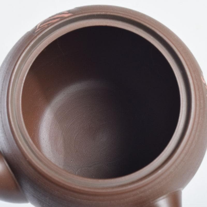 煎茶道具　常滑焼　光松作　朱泥　花草刻　横手急須　V　8655