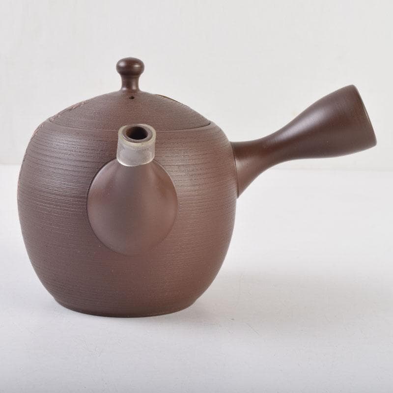 煎茶道具　常滑焼　光松作　朱泥　花草刻　横手急須　V　8655