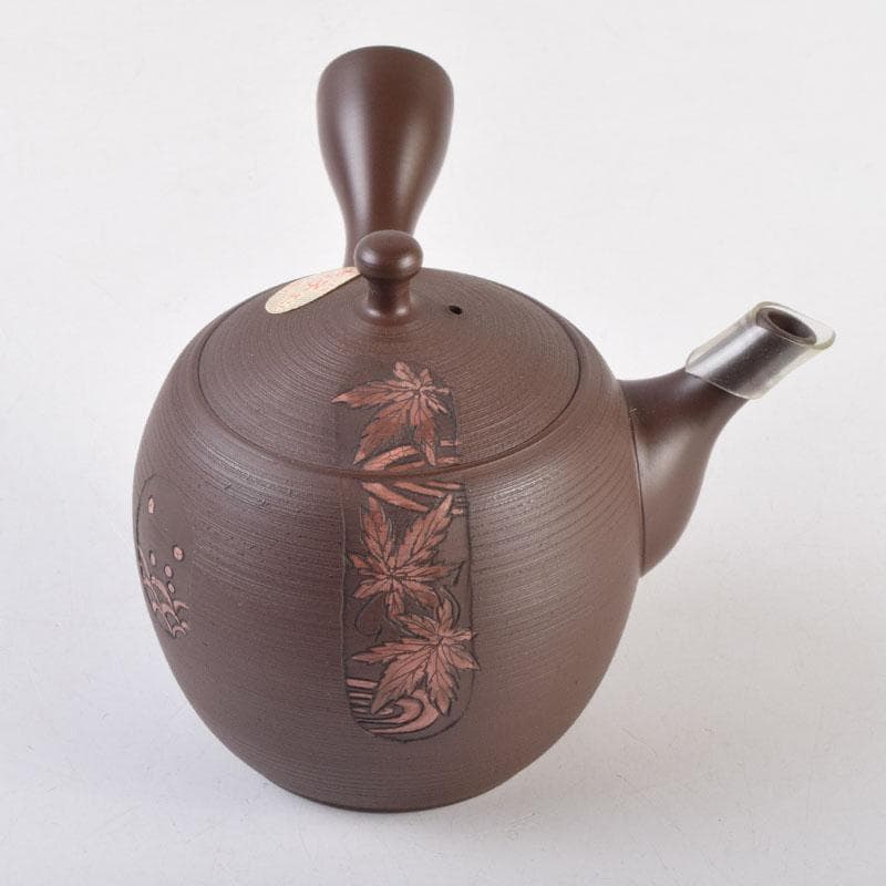 煎茶道具　常滑焼　光松作　朱泥　花草刻　横手急須　V　8655