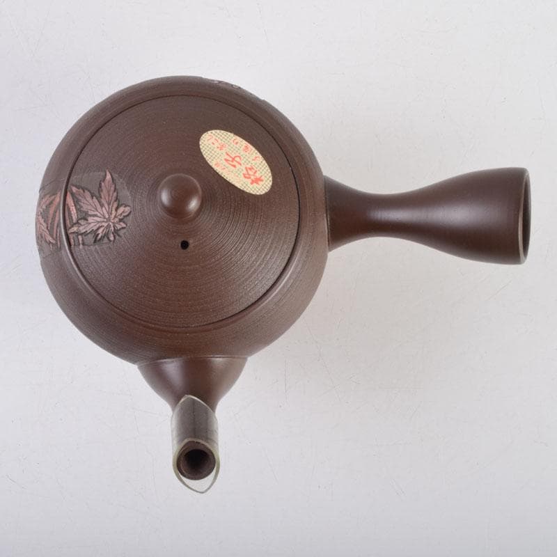 煎茶道具　常滑焼　光松作　朱泥　花草刻　横手急須　V　8655