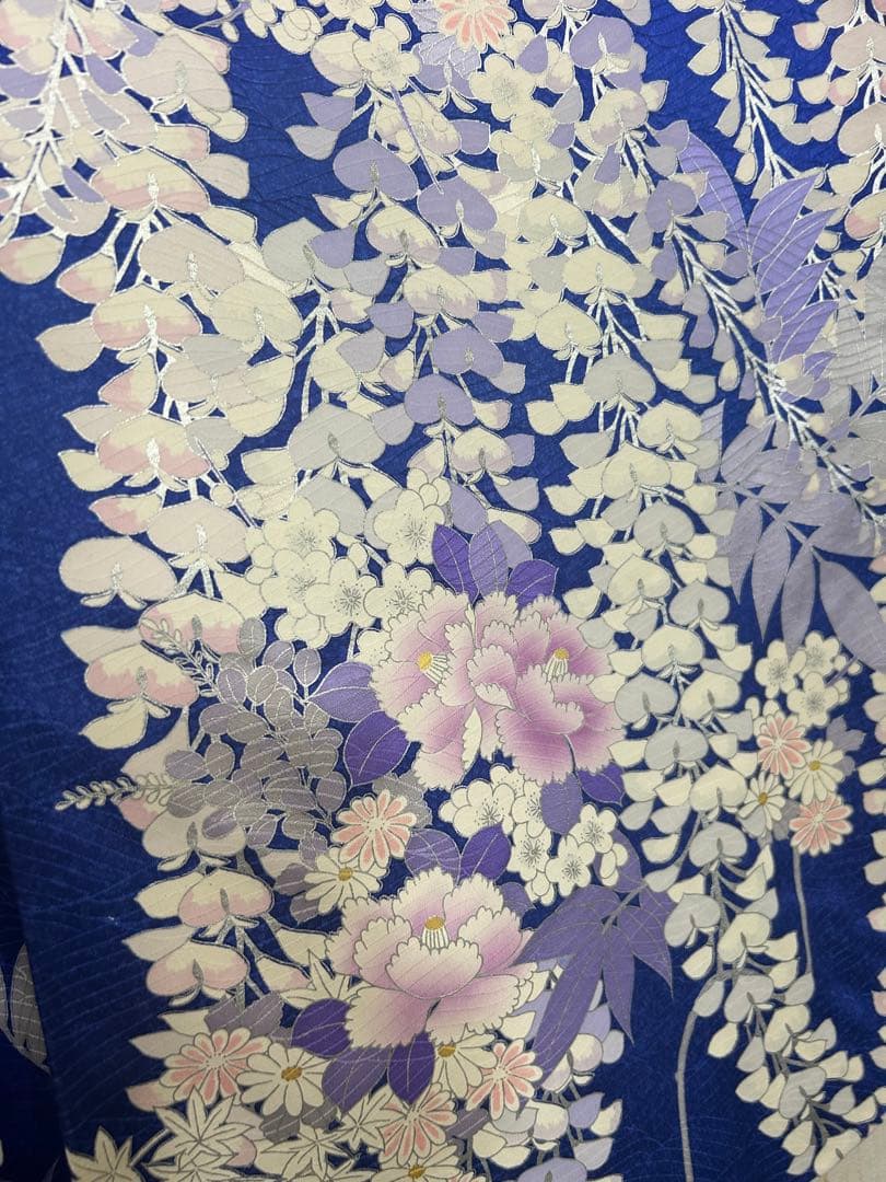 藤柄 銀彩 駒刺繍 振袖 正絹 紺青 身丈156 裄63 袖丈109