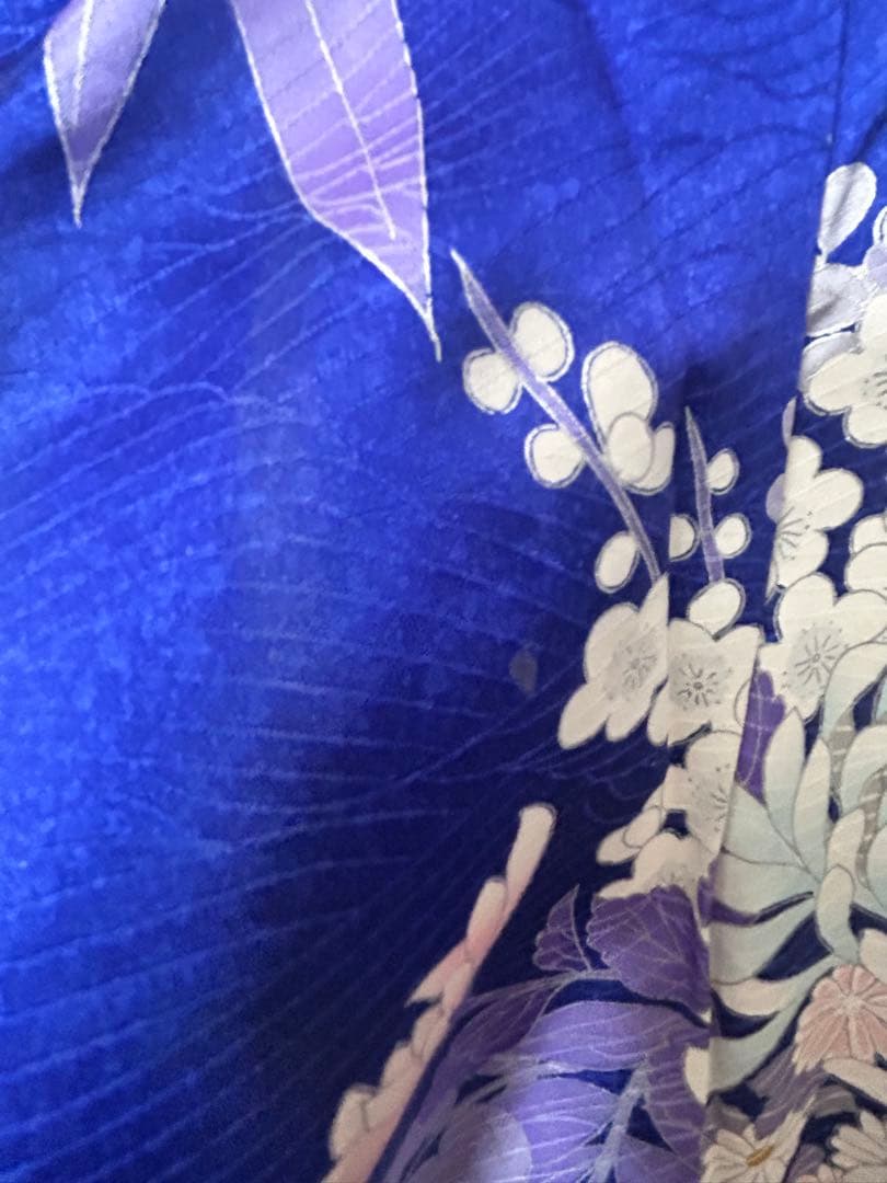 藤柄 銀彩 駒刺繍 振袖 正絹 紺青 身丈156 裄63 袖丈109