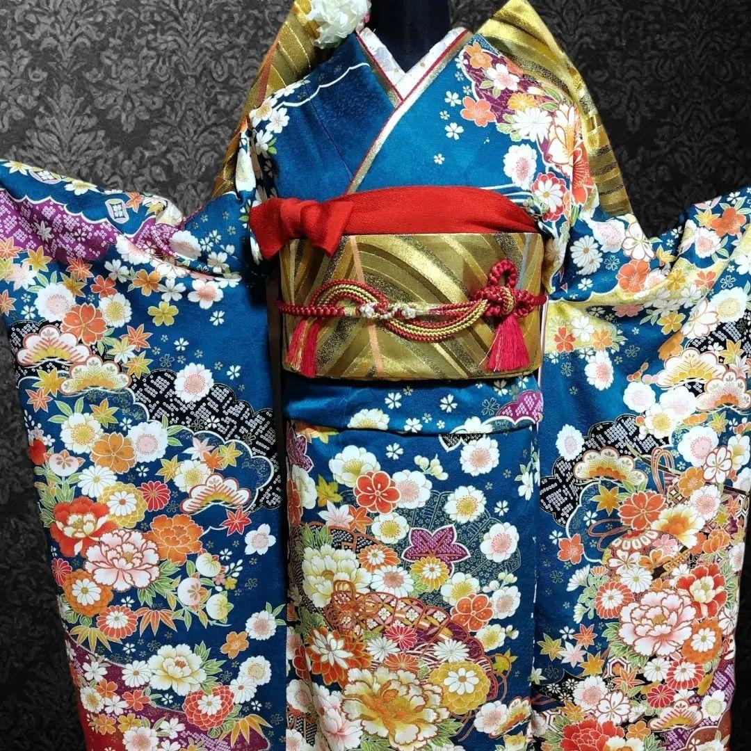 振袖フルセット(7点)・成人式・吉祥松竹梅・京都きもの友禅・刺繍・鹿の子柄