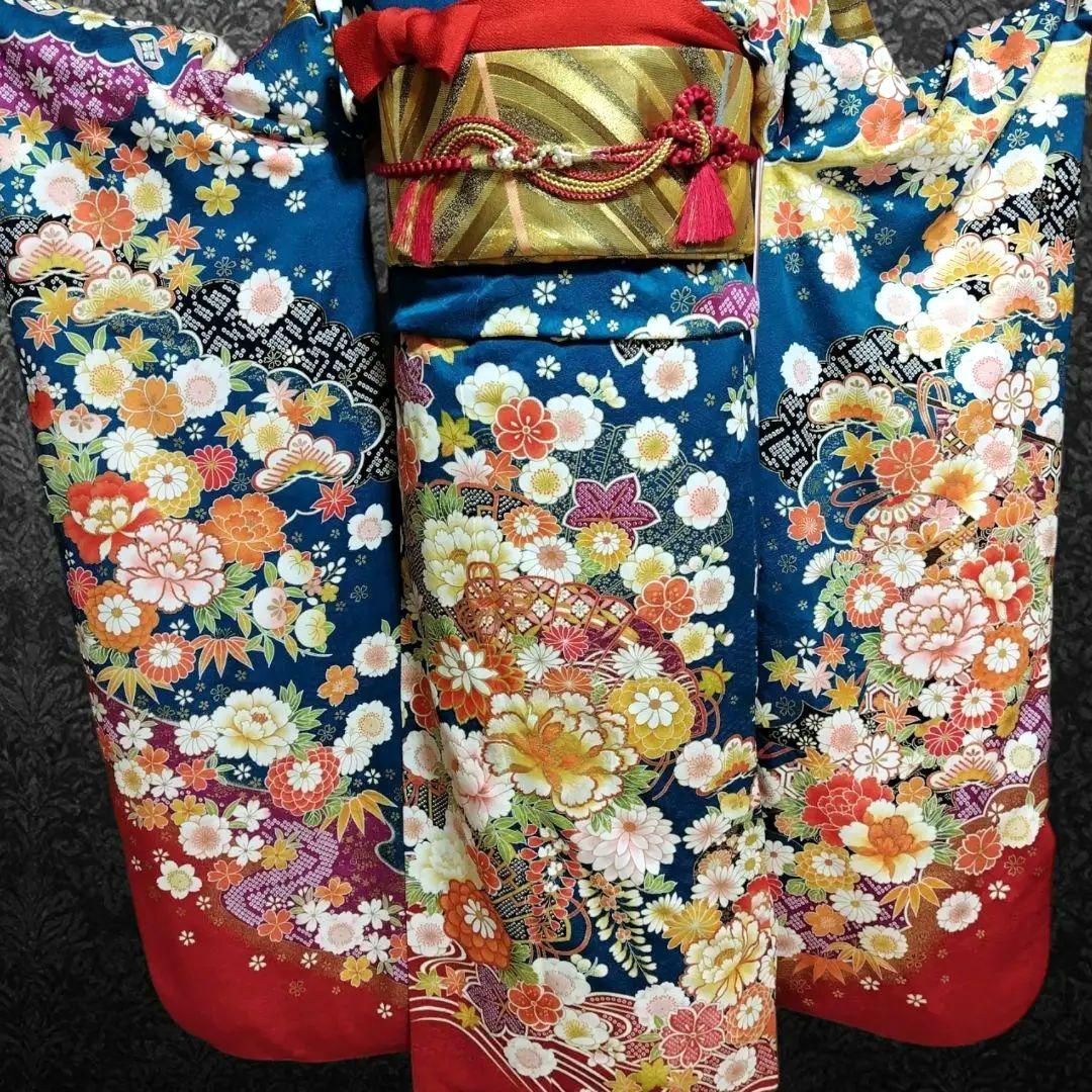 振袖フルセット(7点)・成人式・吉祥松竹梅・京都きもの友禅・刺繍・鹿の子柄