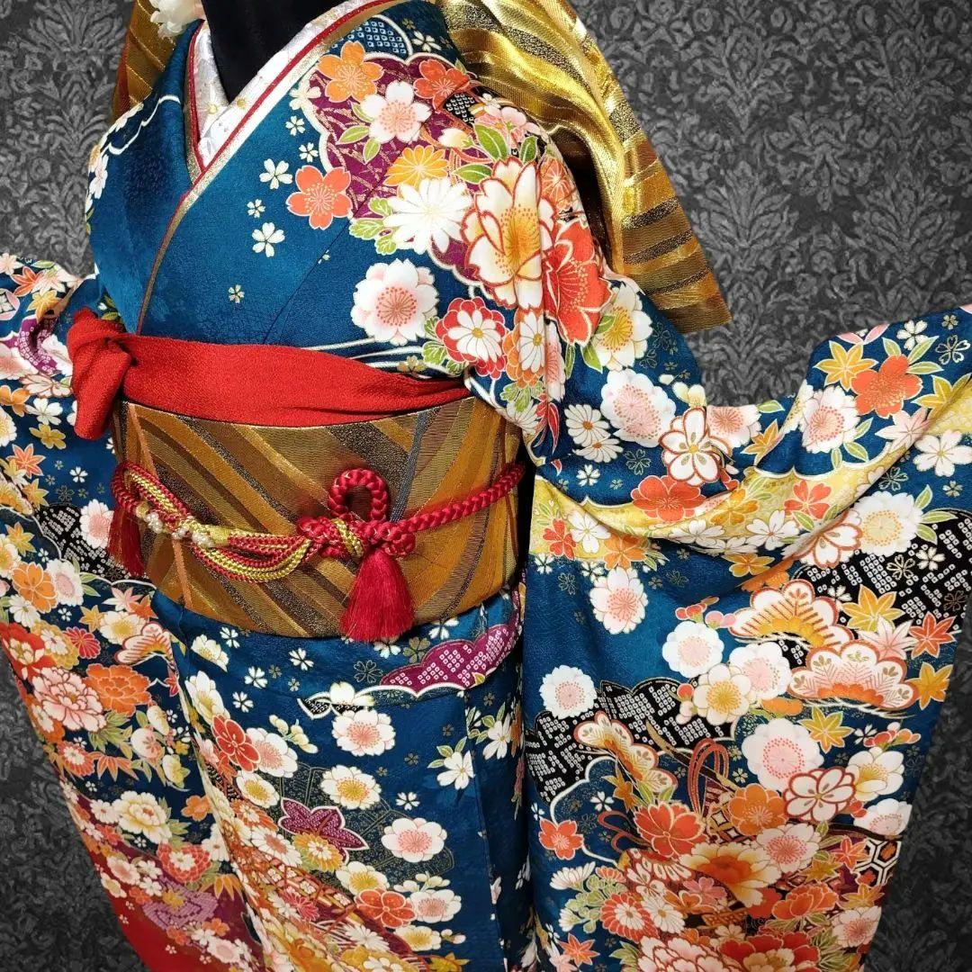 振袖フルセット(7点)・成人式・吉祥松竹梅・京都きもの友禅・刺繍・鹿の子柄