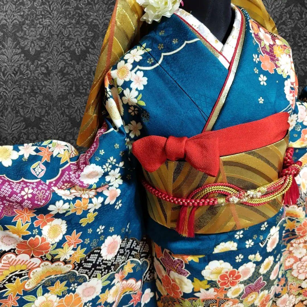 振袖フルセット(7点)・成人式・吉祥松竹梅・京都きもの友禅・刺繍・鹿の子柄