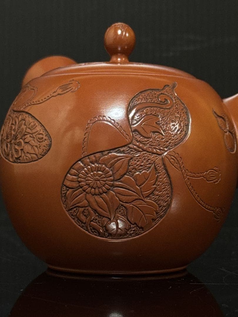 極上 常滑焼 名人 山田宝生 作 細密彫刻瓢図 急須 茶道具