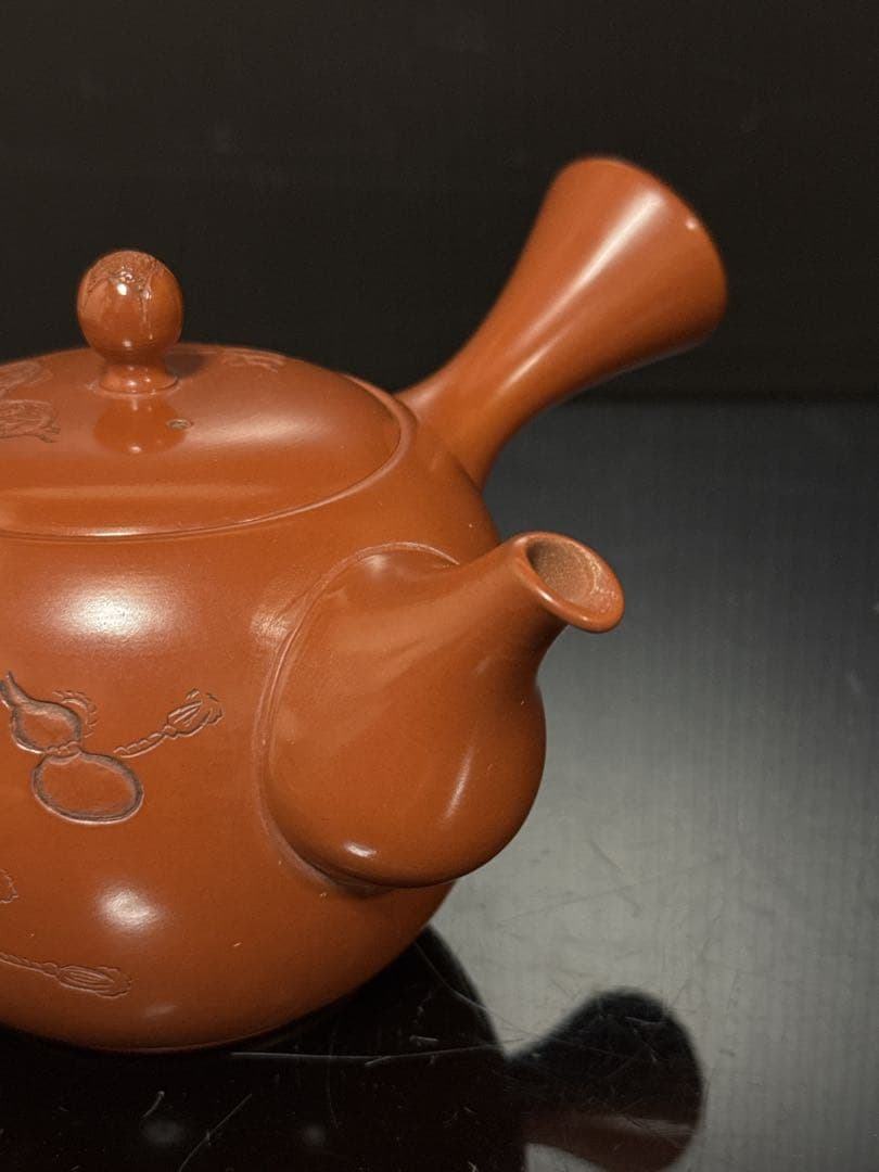 極上 常滑焼 名人 山田宝生 作 細密彫刻瓢図 急須 茶道具