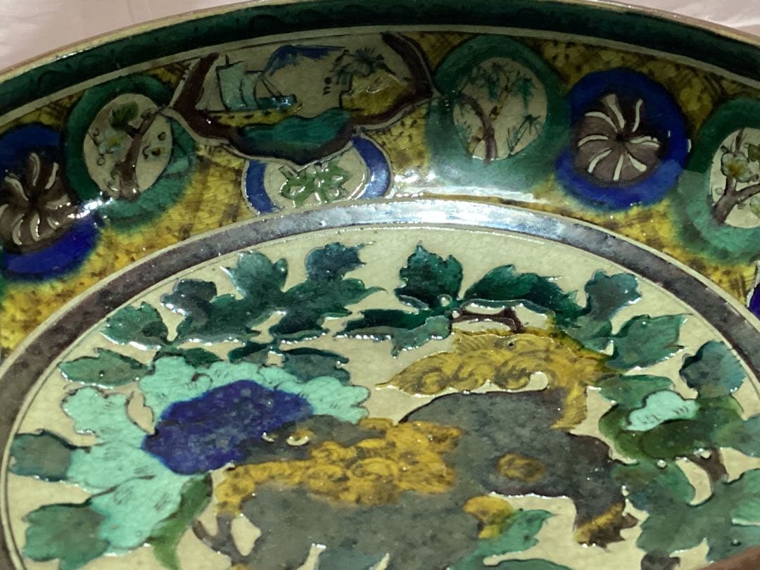 古九谷青手唐絵見付鉢　江戸時代　緑角福　獅子に牡丹紋　再興九谷　骨董　美品希少品