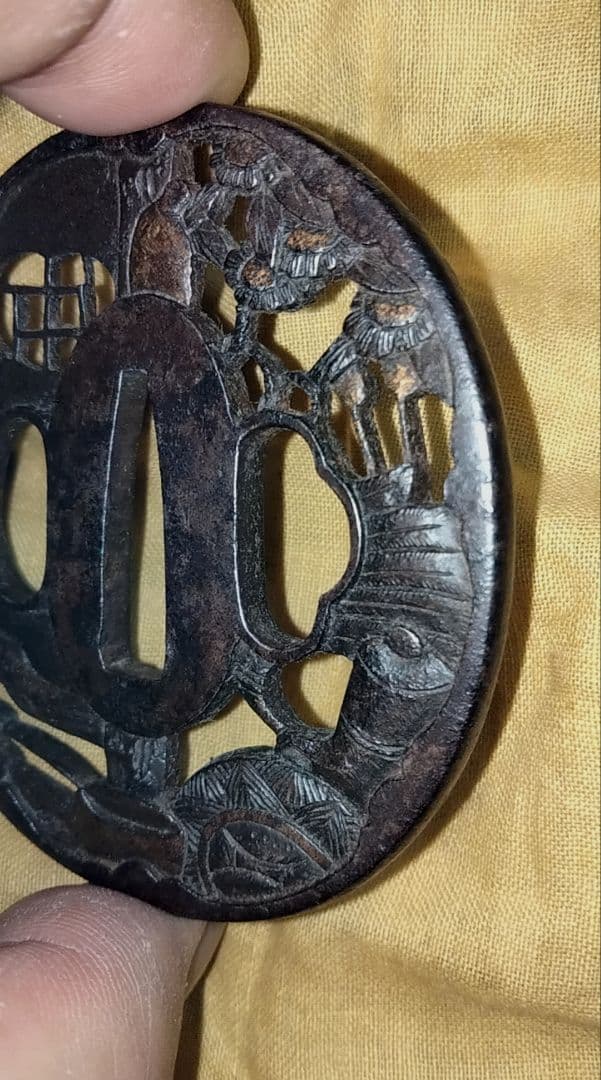 ♦最終価格♦　鉄鍔　鐔　(茶の湯透かし)　江戸時代　武州　箱付き