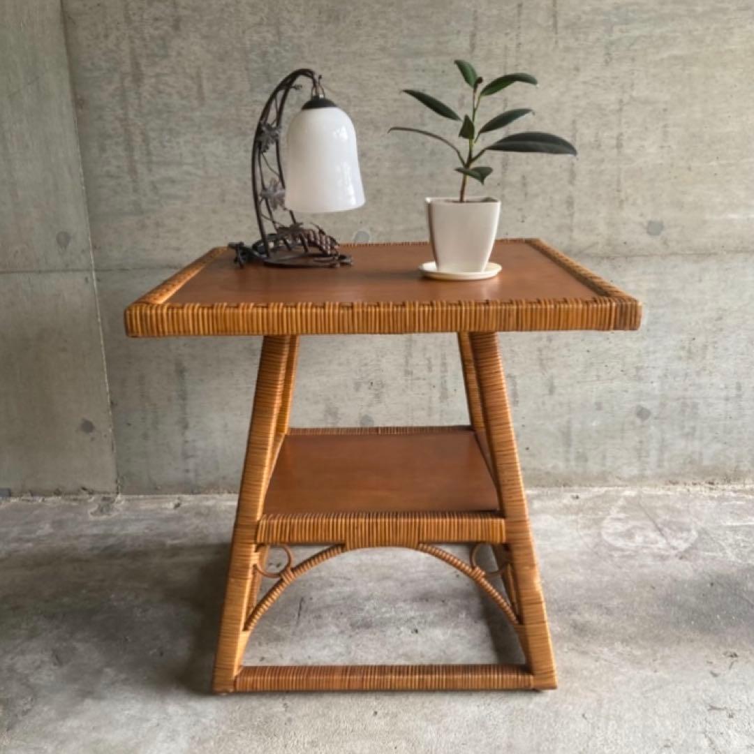 籐 ラタン 木製 コーヒーテーブル カフェ 机 スクエア レトロ ビンテージ