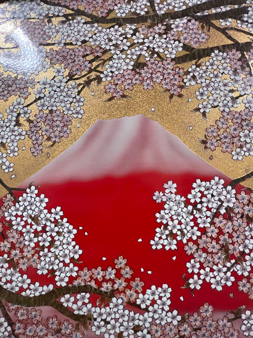 陶額　赤富士桜絵