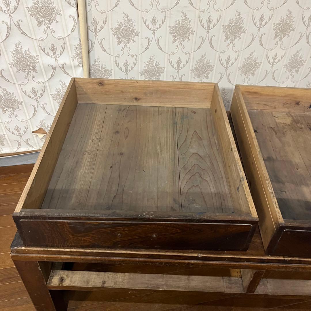 【アンティーク】木製 無垢材 文机 座卓 書斎机 2杯引出し 古家具 古民家