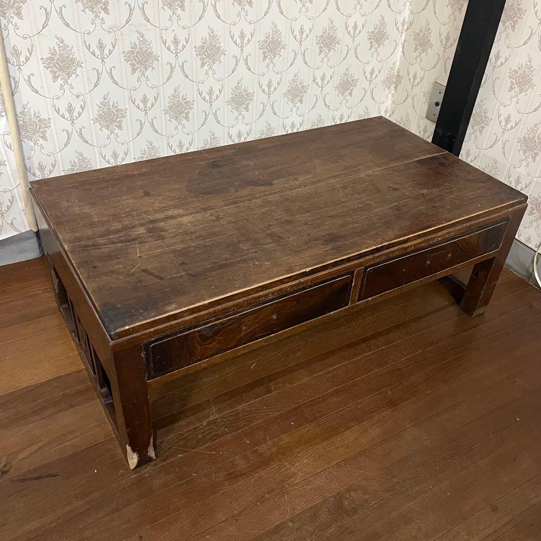 【アンティーク】木製 無垢材 文机 座卓 書斎机 2杯引出し 古家具 古民家