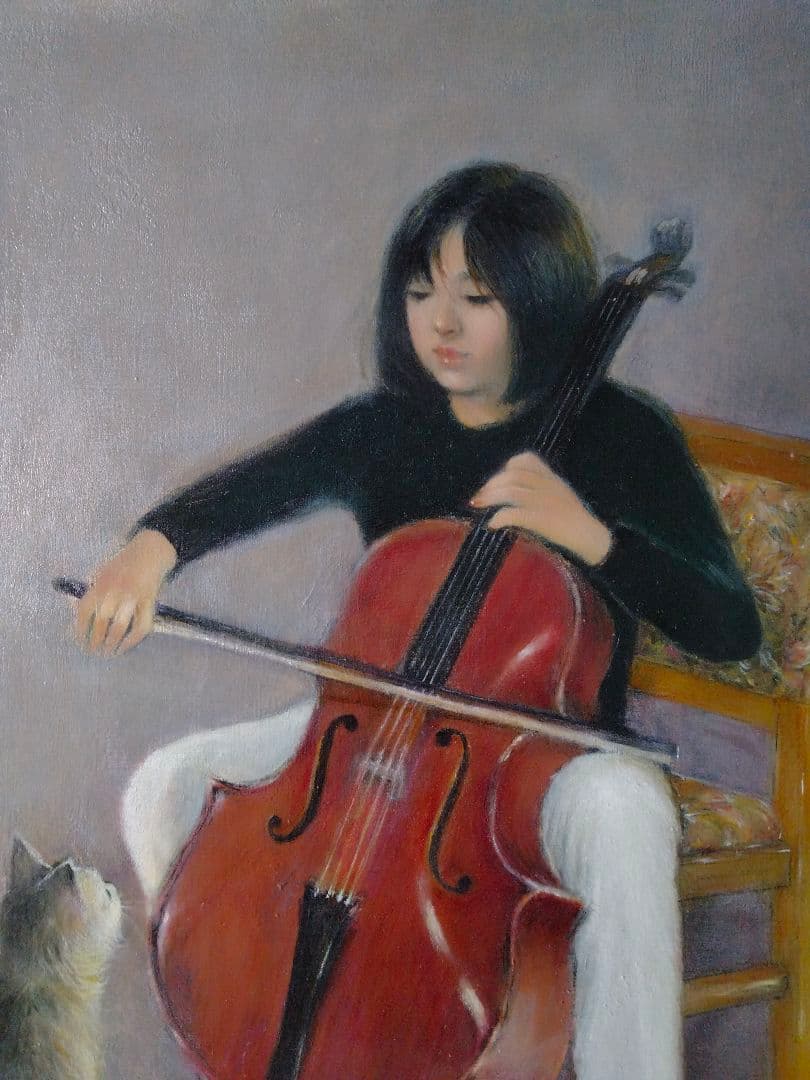チェロを弾く少女と猫　オリジナル絵画　油彩画　F30号
