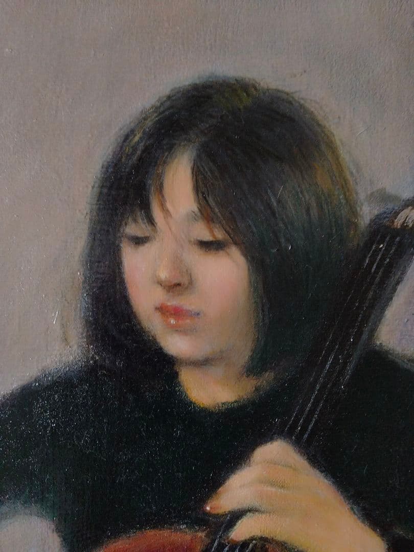 チェロを弾く少女と猫　オリジナル絵画　油彩画　F30号