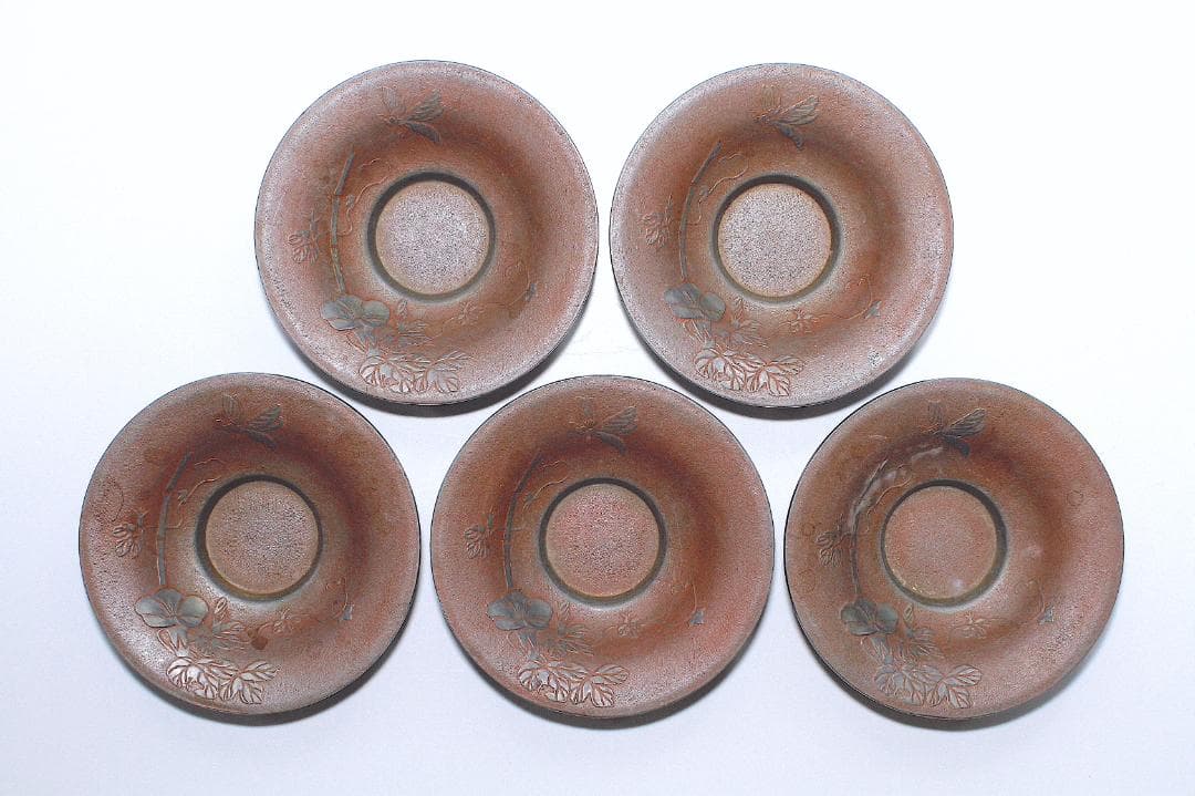 明治金工『正明』銅鍍金 錫茶托 五客揃 [朝顔と蜂図]