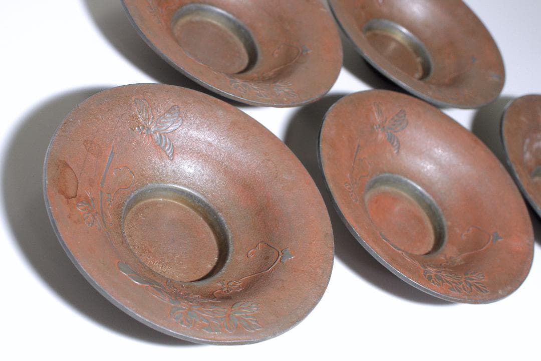 明治金工『正明』銅鍍金 錫茶托 五客揃 [朝顔と蜂図]