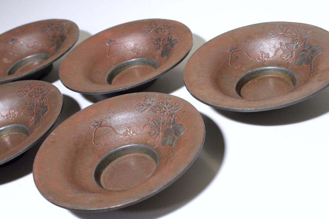 明治金工『正明』銅鍍金 錫茶托 五客揃 [朝顔と蜂図]