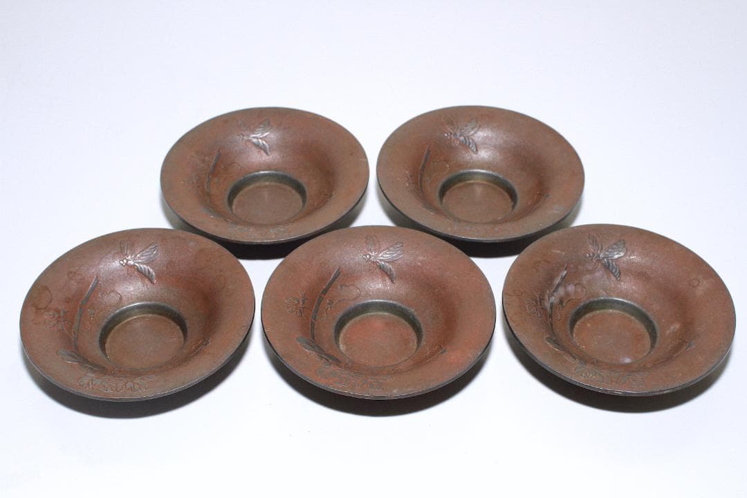 明治金工『正明』銅鍍金 錫茶托 五客揃 [朝顔と蜂図]