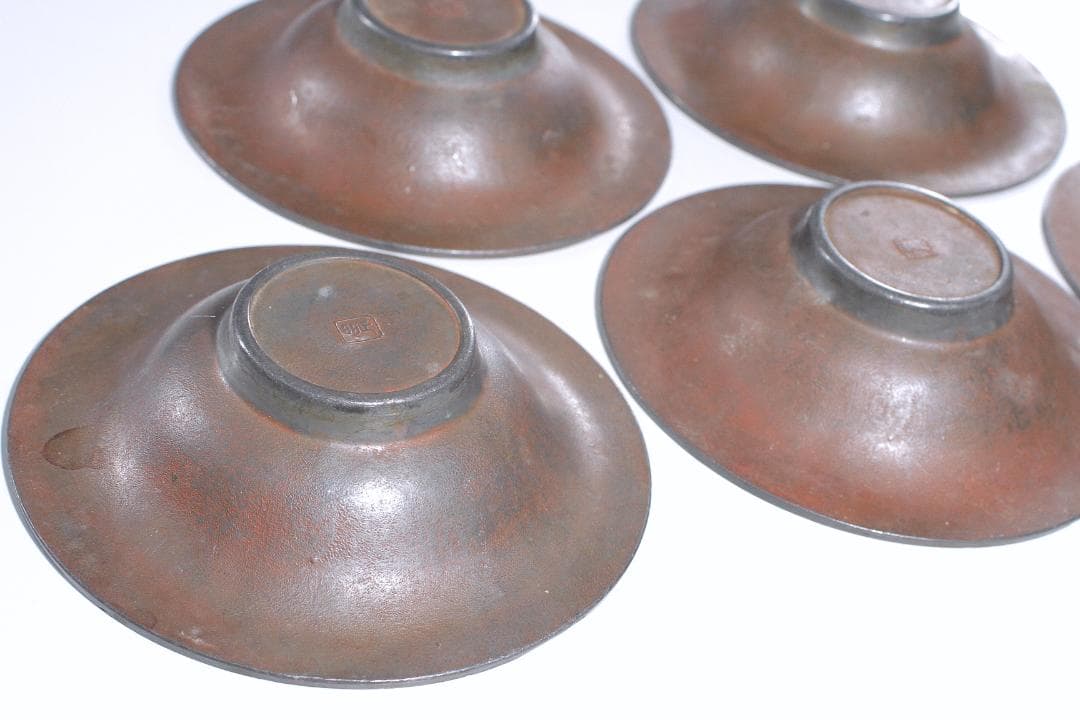 明治金工『正明』銅鍍金 錫茶托 五客揃 [朝顔と蜂図]