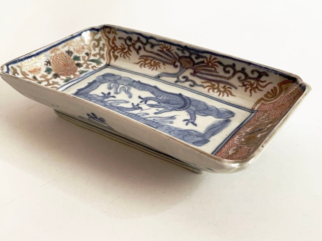 骨董　アンティーク　古伊万里　色絵　金襴手　龍図　鮎皿　長方皿