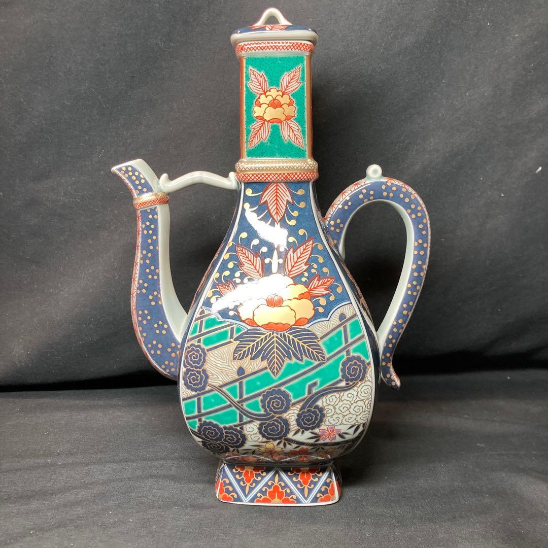 【新品未使用】有田焼 林九郎窯 染錦牡丹流水文手付面取水注