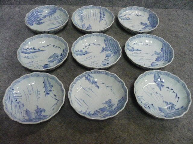 伊万里焼染付線描き海辺風景図なます皿9枚 [B31639]