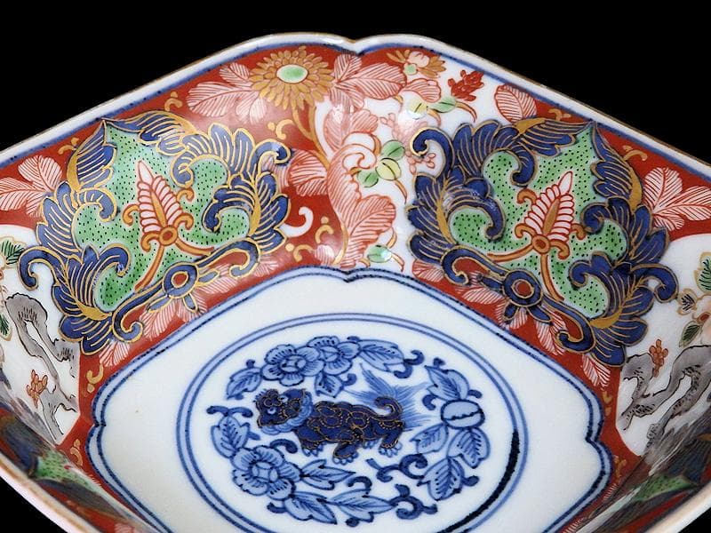 大聖寺伊万里　金襴手　窓絵　牡丹に菊　獅子の図　四方角向付　B347AS-CWq