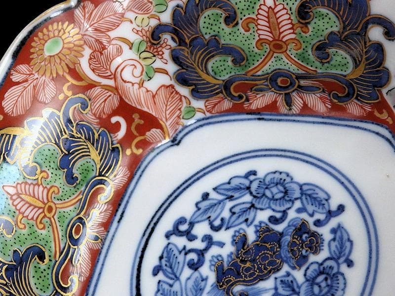 大聖寺伊万里　金襴手　窓絵　牡丹に菊　獅子の図　四方角向付　B347AS-CWq