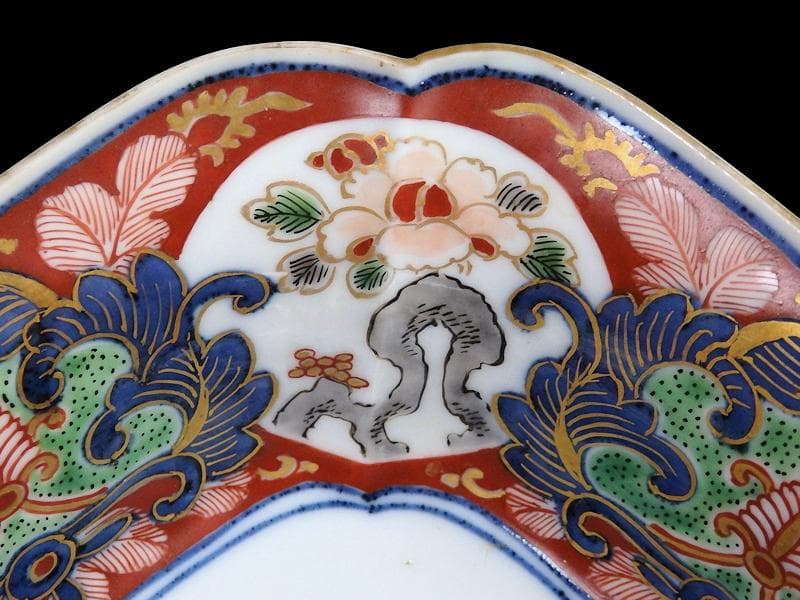 大聖寺伊万里　金襴手　窓絵　牡丹に菊　獅子の図　四方角向付　B347AS-CWq