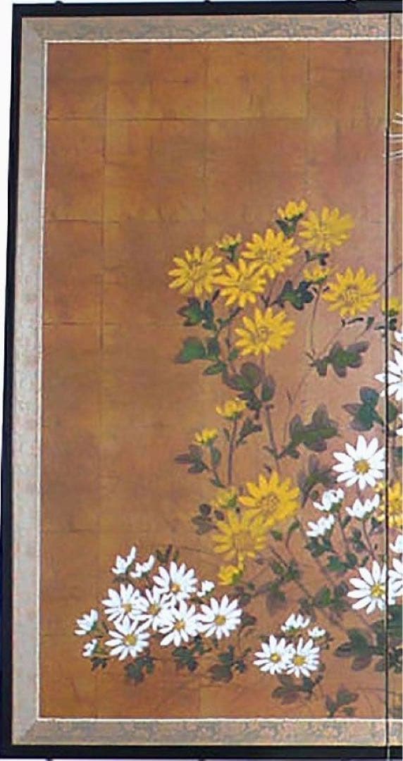 四つ折り屏風　日本画　金箔彩色　秋草