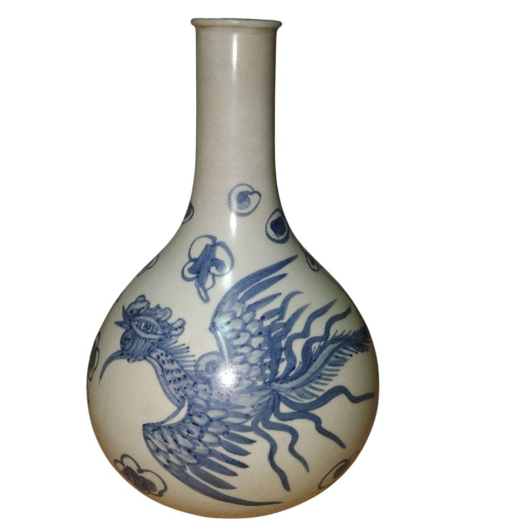 李朝　鳳凰文染付鶴首徳利　　花瓶　朝鮮美術