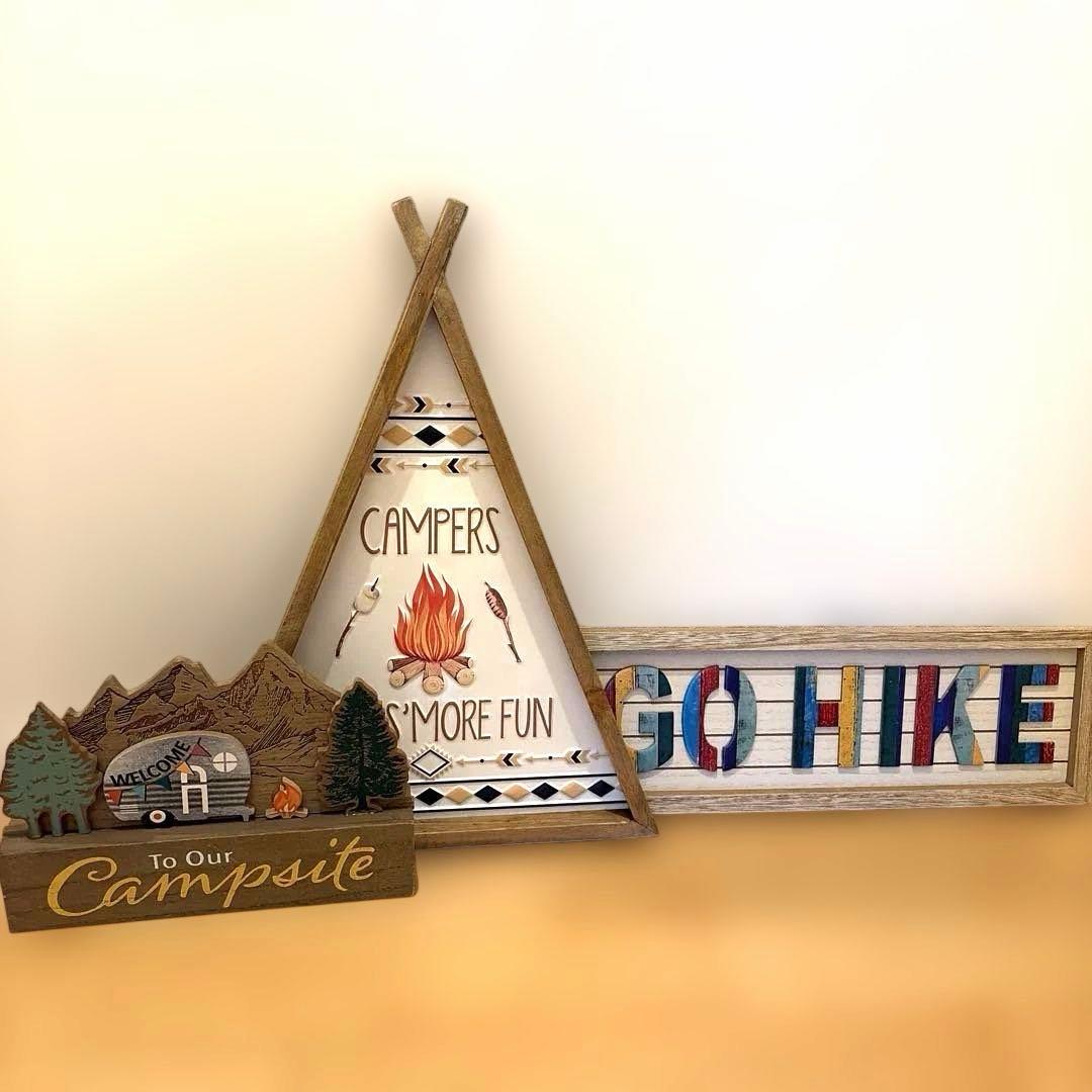 アウトドア、キャンプテーマ 木製装飾品3点セット