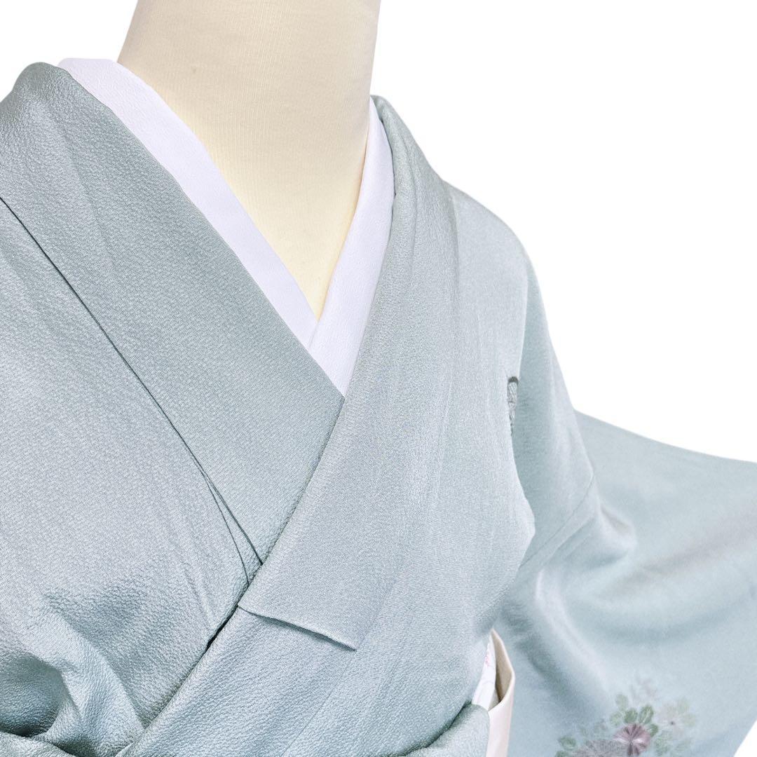 A143愛華 着物 付け下げ袷刺繍　スワト　錆青磁　フォーマル　身丈162cm