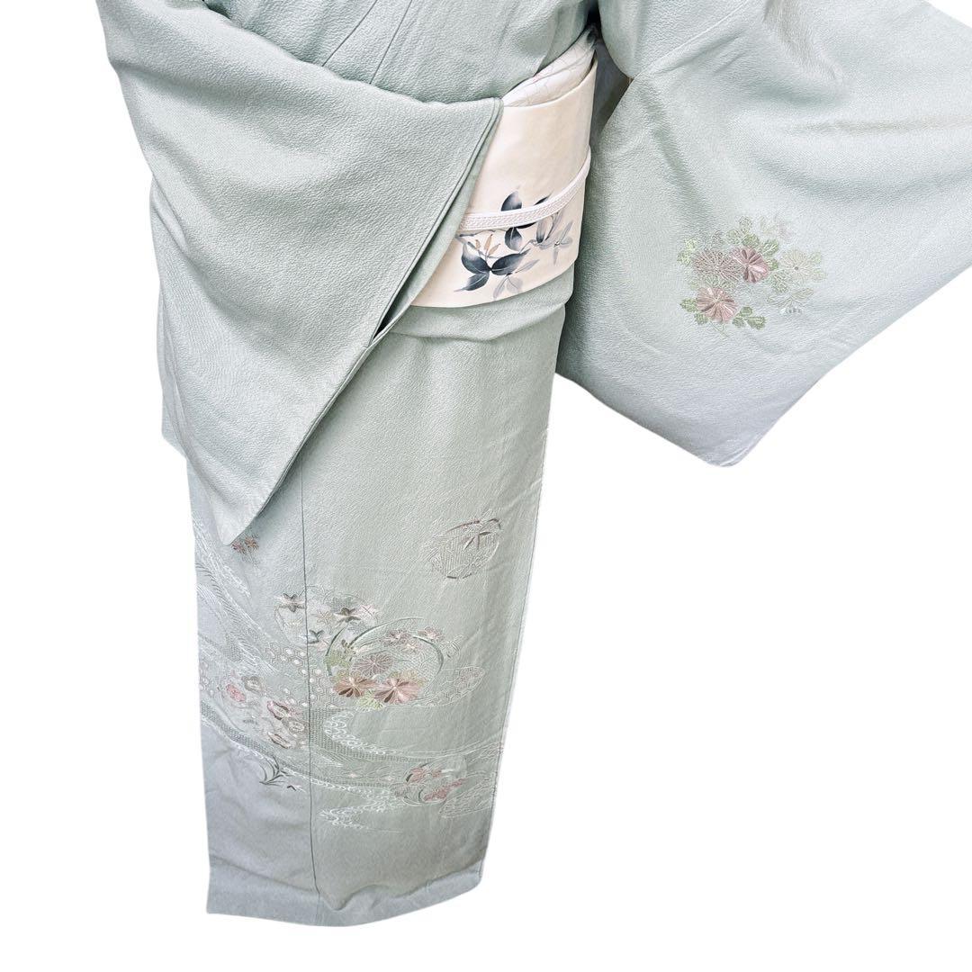 A143愛華 着物 付け下げ袷刺繍　スワト　錆青磁　フォーマル　身丈162cm