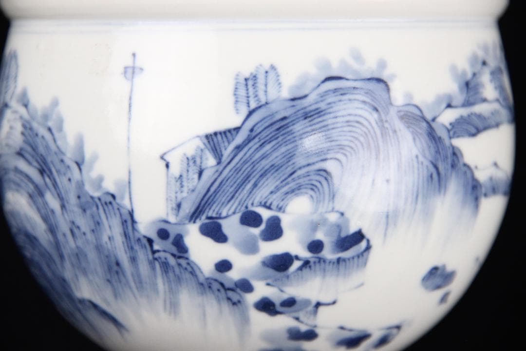 中国美術 南京染付　山水模様　建水　箱付 EA21-21