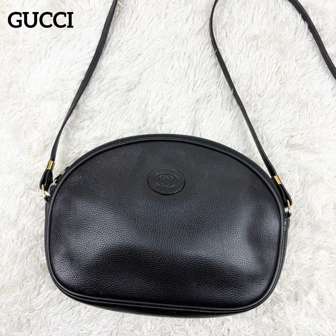 【美品】オールドグッチ ロゴ型押し オールレザー ショルダーバッグ ブラック
