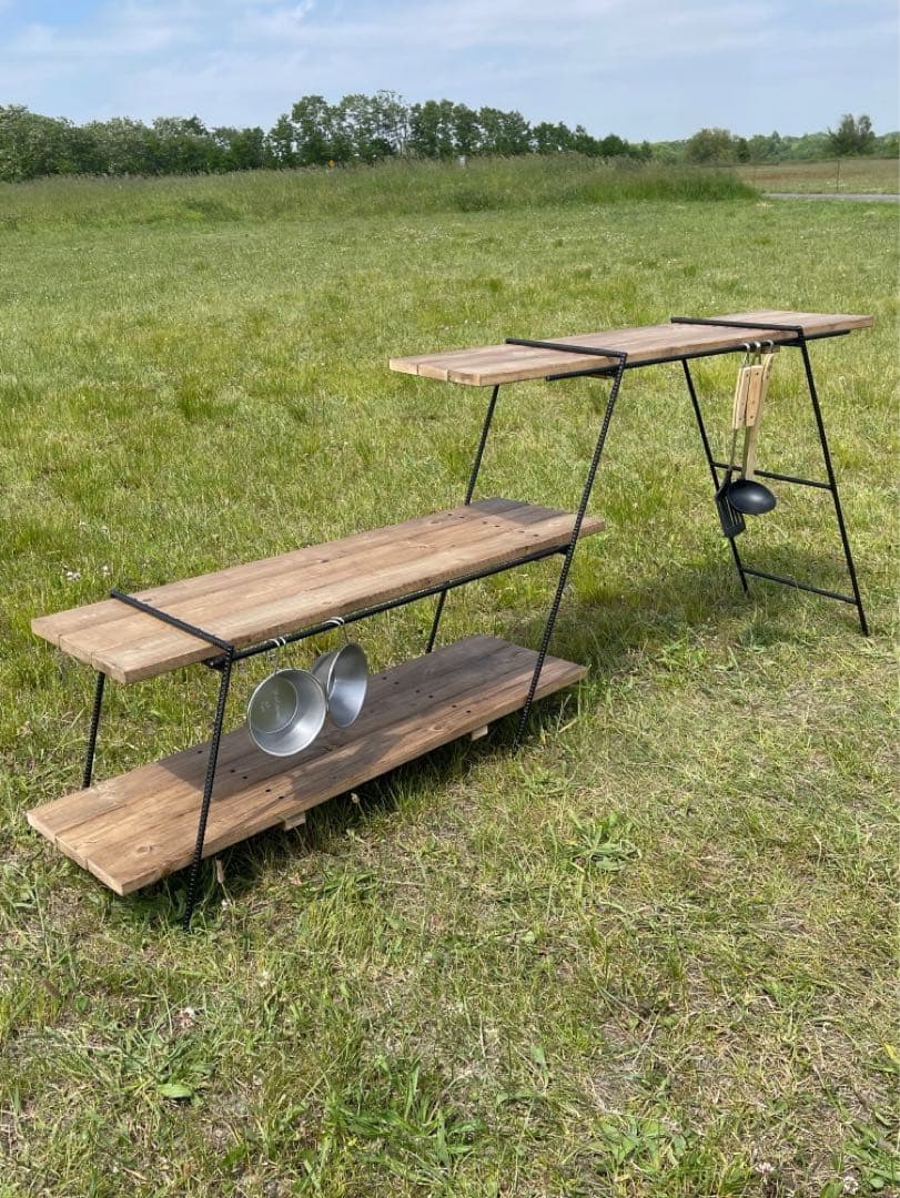 吊り下げ３段シェルフ70 アンティークウッド　アイアンラック/レッグ　キャンプ