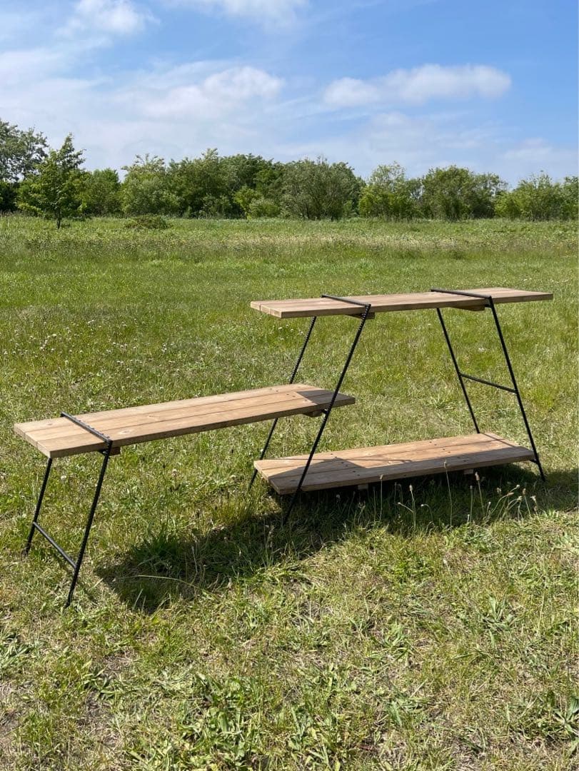 吊り下げ３段シェルフ70 アンティークウッド　アイアンラック/レッグ　キャンプ