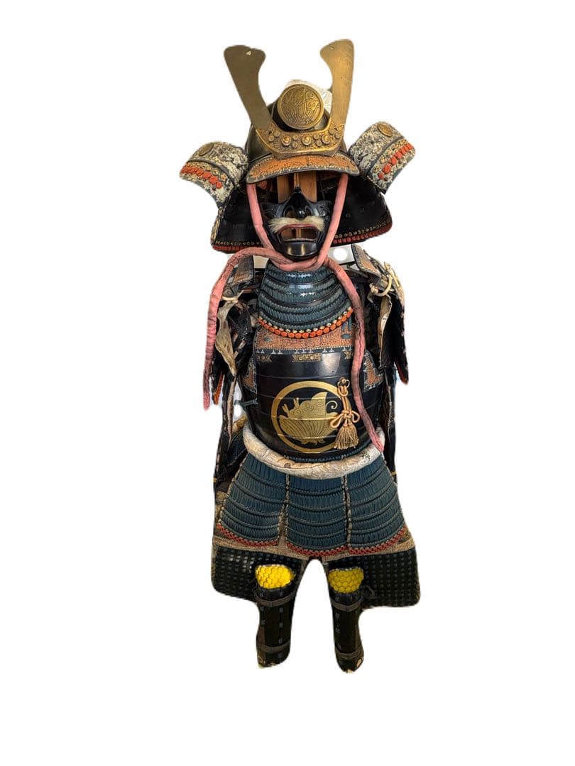 日本美術 時代甲冑 等身大 家紋入 丸に揚羽蝶 鎧兜 一式 面頬 鎧櫃 鎧立付