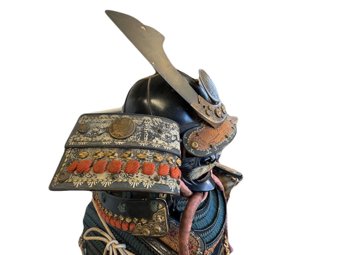 日本美術 時代甲冑 等身大 家紋入 丸に揚羽蝶 鎧兜 一式 面頬 鎧櫃 鎧立付